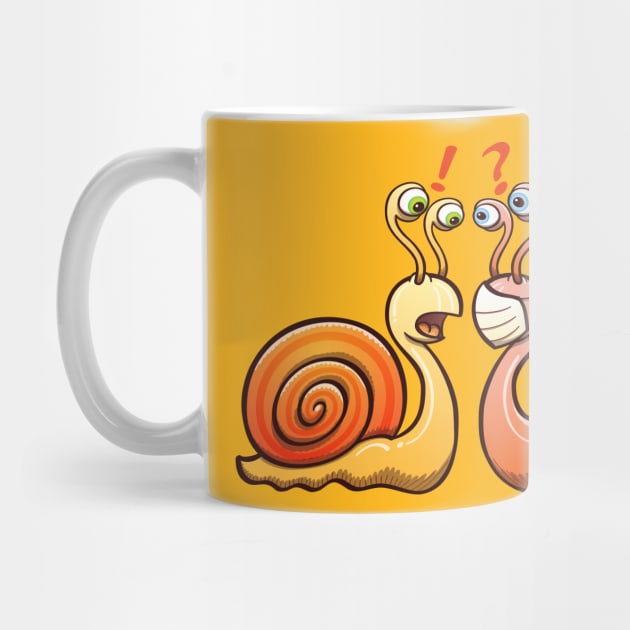 A snail carrying its shell and a slug wearing a face mask have an encounter by zooco